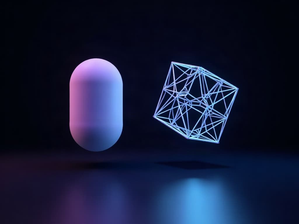 Two contrasting 3D forms in dark space — smooth glowing capsule beside angular open wireframe structure