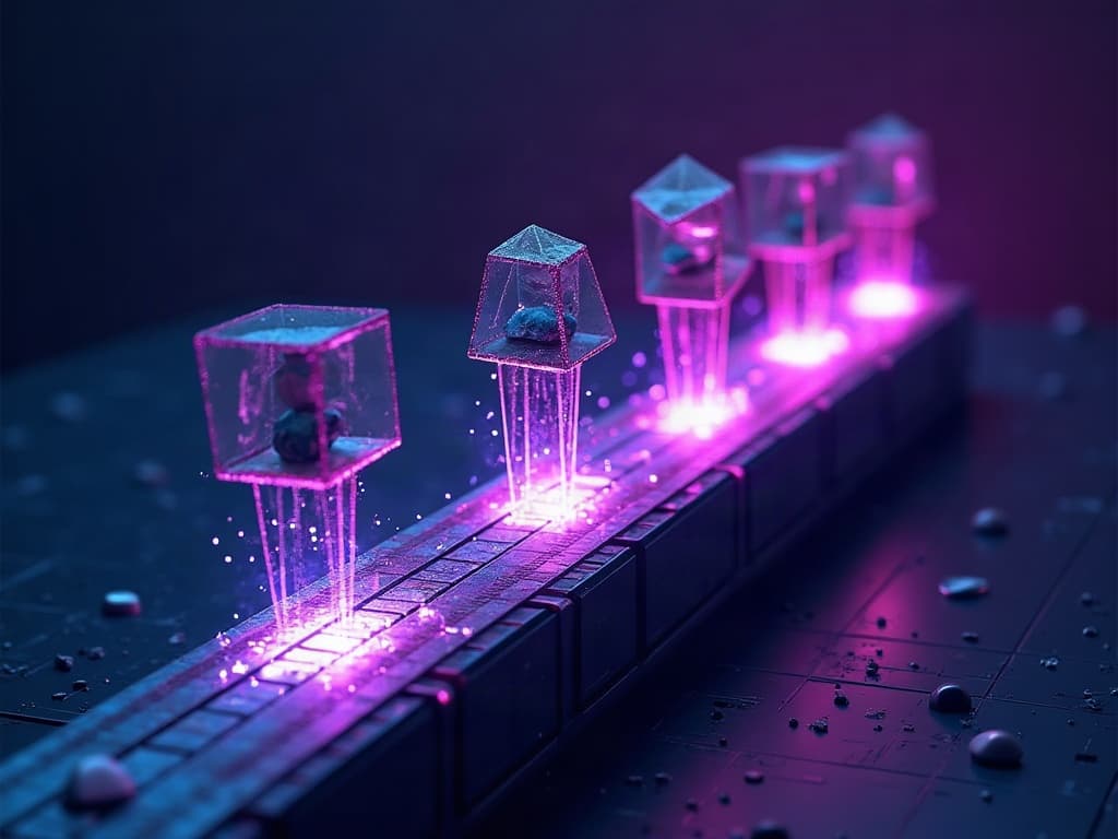 Abstract glowing factory assembly line with geometric processing stations emitting sparks in dark space