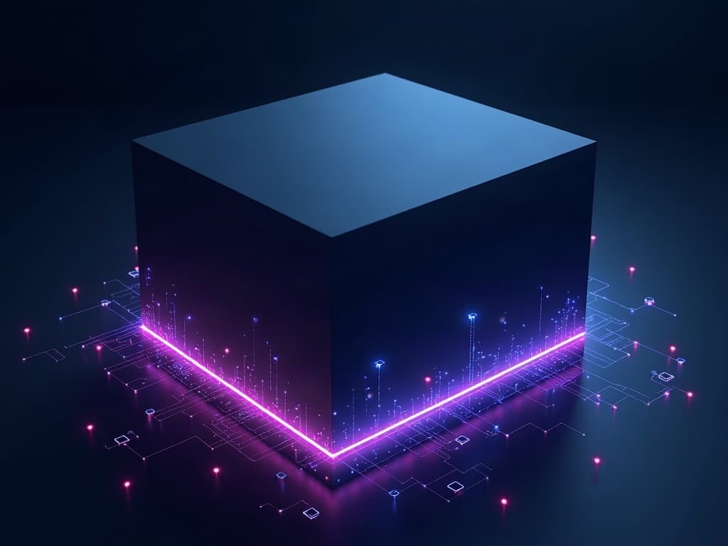 Dark monolithic rectangular structure being wrapped by glowing purple and cyan light tendrils in space